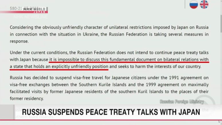 Moscow says it is supending peace treaty talks with Japan