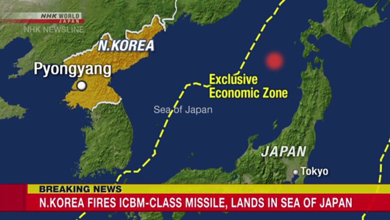 N.Korea fires ICBM-class missile, lands in Sea of Japan