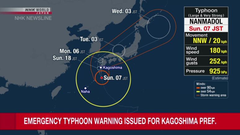 Typhoon Nanmadol approaching southwestern Japan